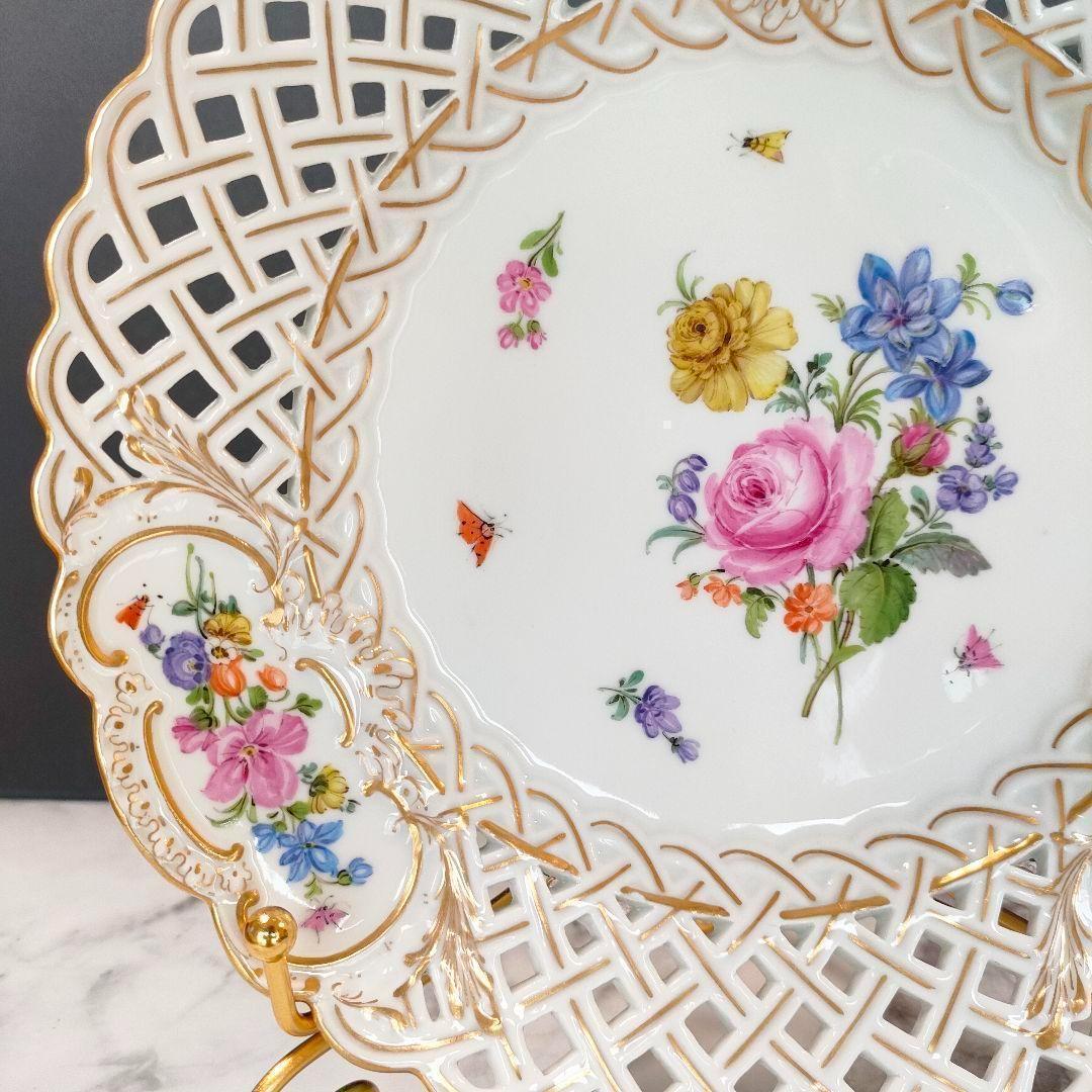 24㎝★マイセン ピアスエッジ ピンクローズ 昆虫 金彩 透かしプレート希少品