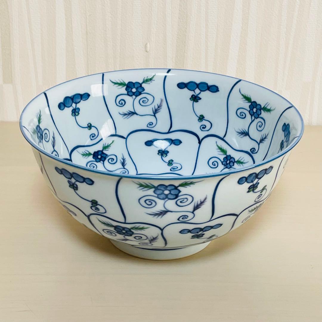 未使用 有田焼 源右衛門 紺朱なずな紋 麺鉢 ペア 2個セット 是米木窯