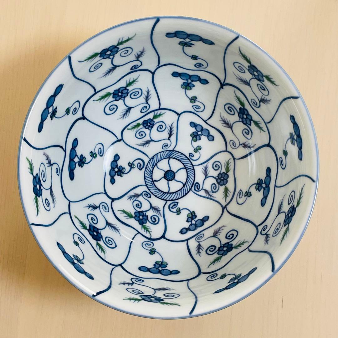 未使用 有田焼 源右衛門 紺朱なずな紋 麺鉢 ペア 2個セット 是米木窯