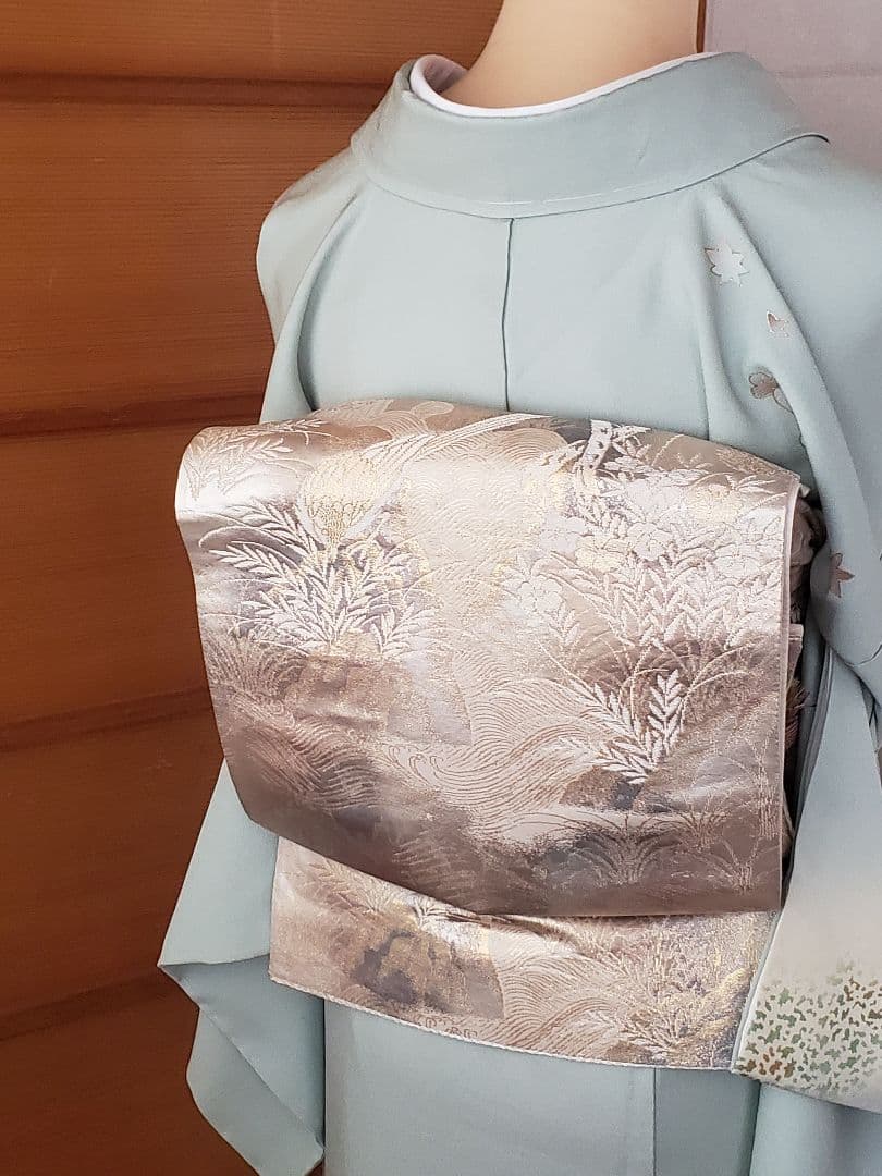 【着物・帯セット＊】水色の訪問着　スワトウ刺繍　盛り金　白金色の袋帯