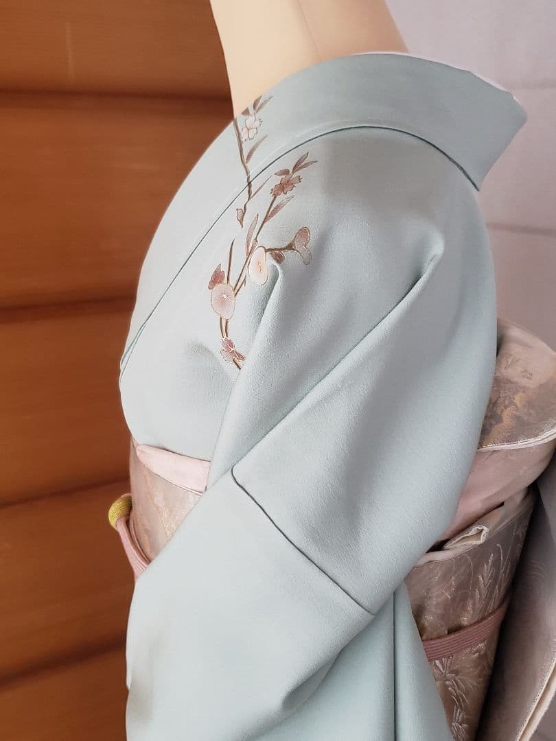 【着物・帯セット＊】水色の訪問着　スワトウ刺繍　盛り金　白金色の袋帯