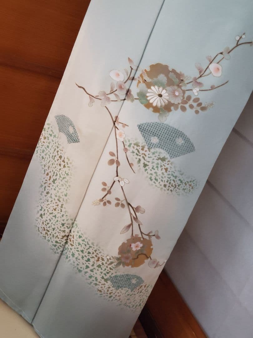 【着物・帯セット＊】水色の訪問着　スワトウ刺繍　盛り金　白金色の袋帯