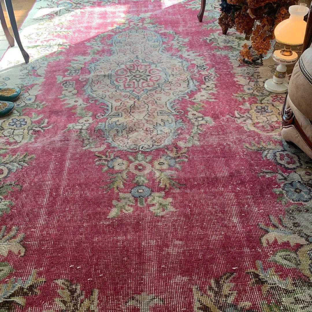 超大判　ローズピンク　259×150 トルコヴィンテージラグ　ボタニカル