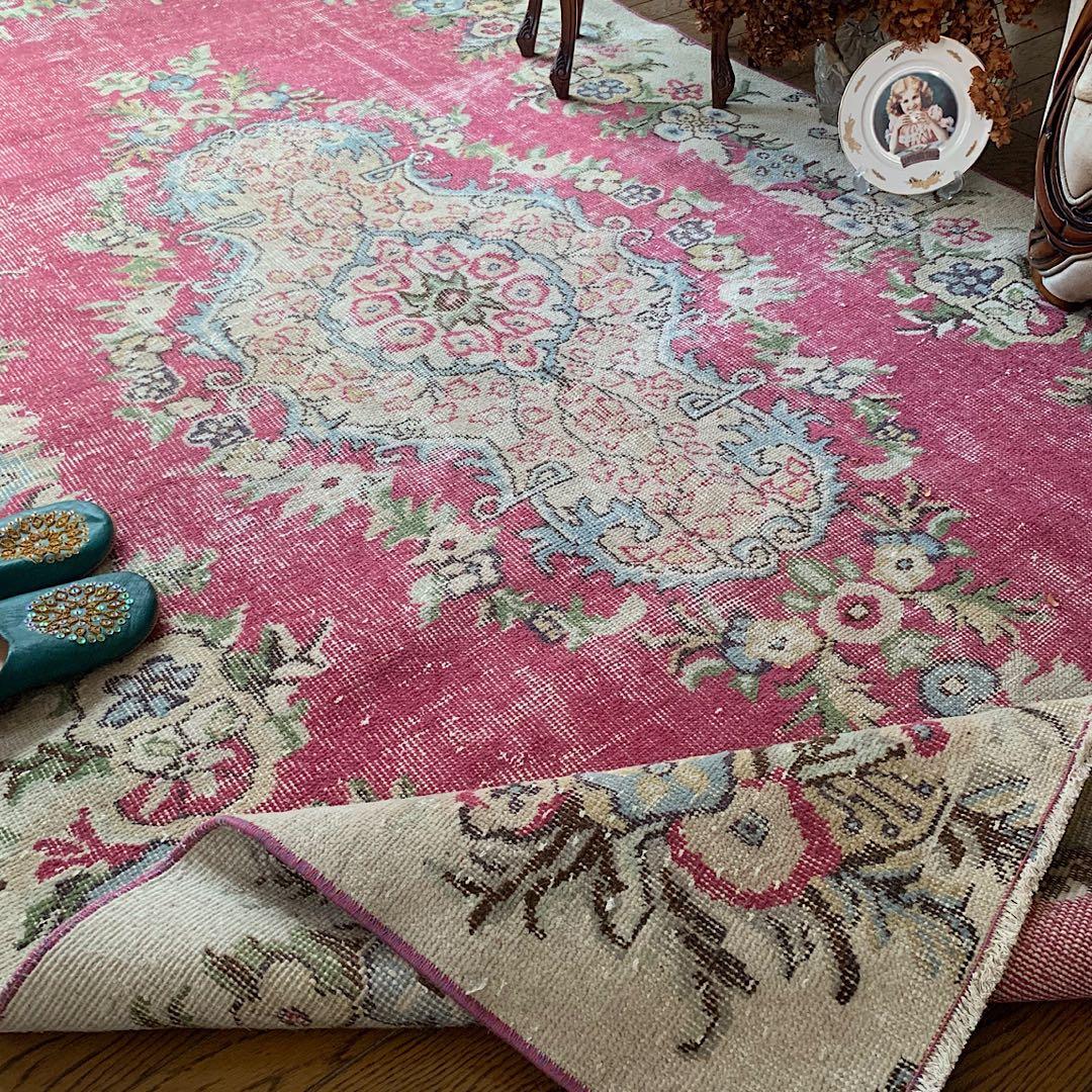 超大判　ローズピンク　259×150 トルコヴィンテージラグ　ボタニカル