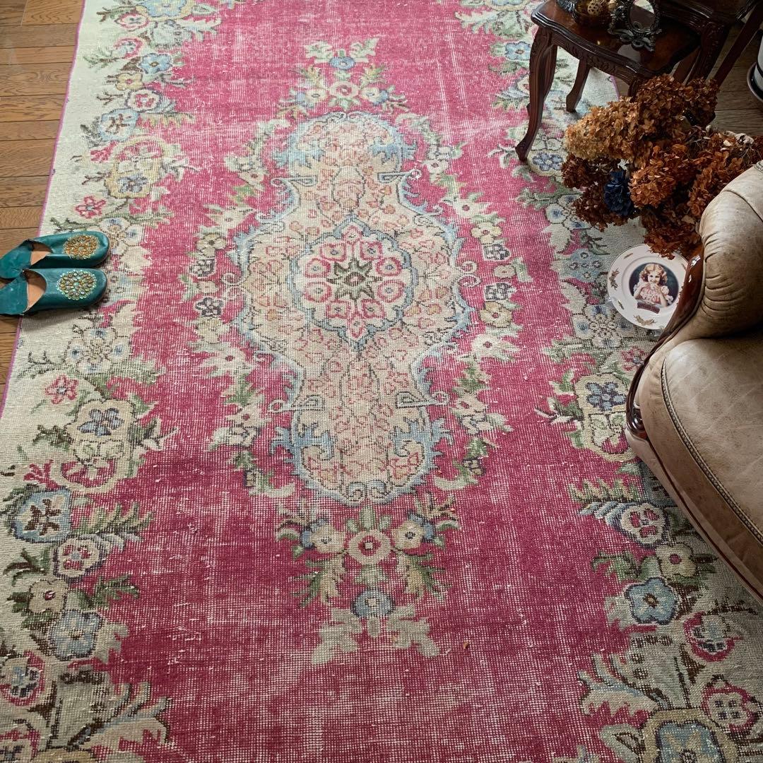 超大判　ローズピンク　259×150 トルコヴィンテージラグ　ボタニカル