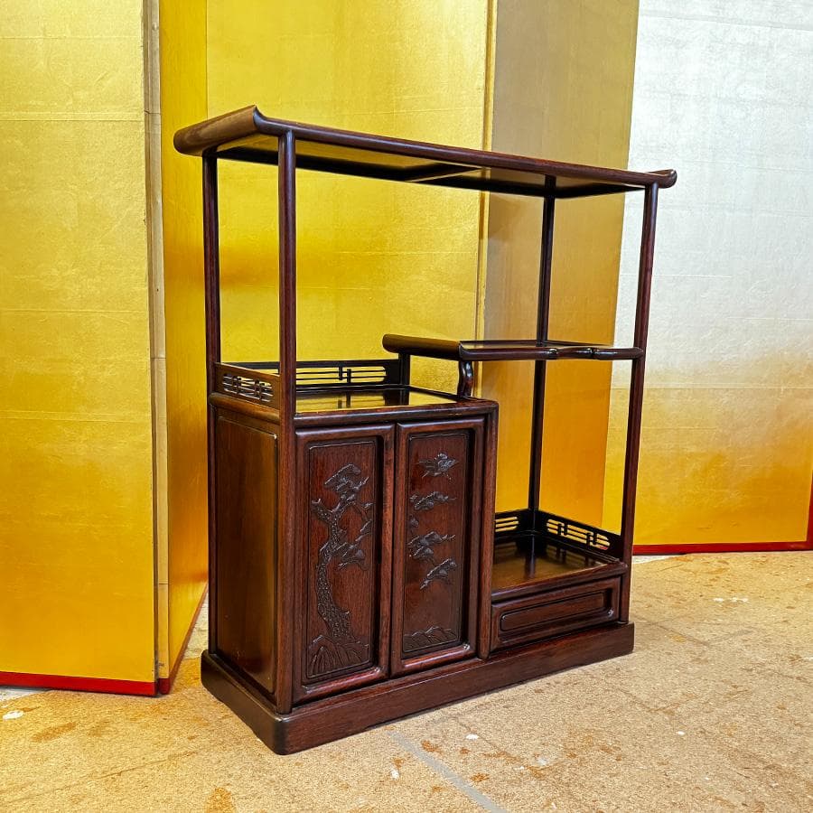 唐木 無垢 小ぶりで人気の茶棚 高さ85cm 違い棚 松のず 茶箪笥 茶室