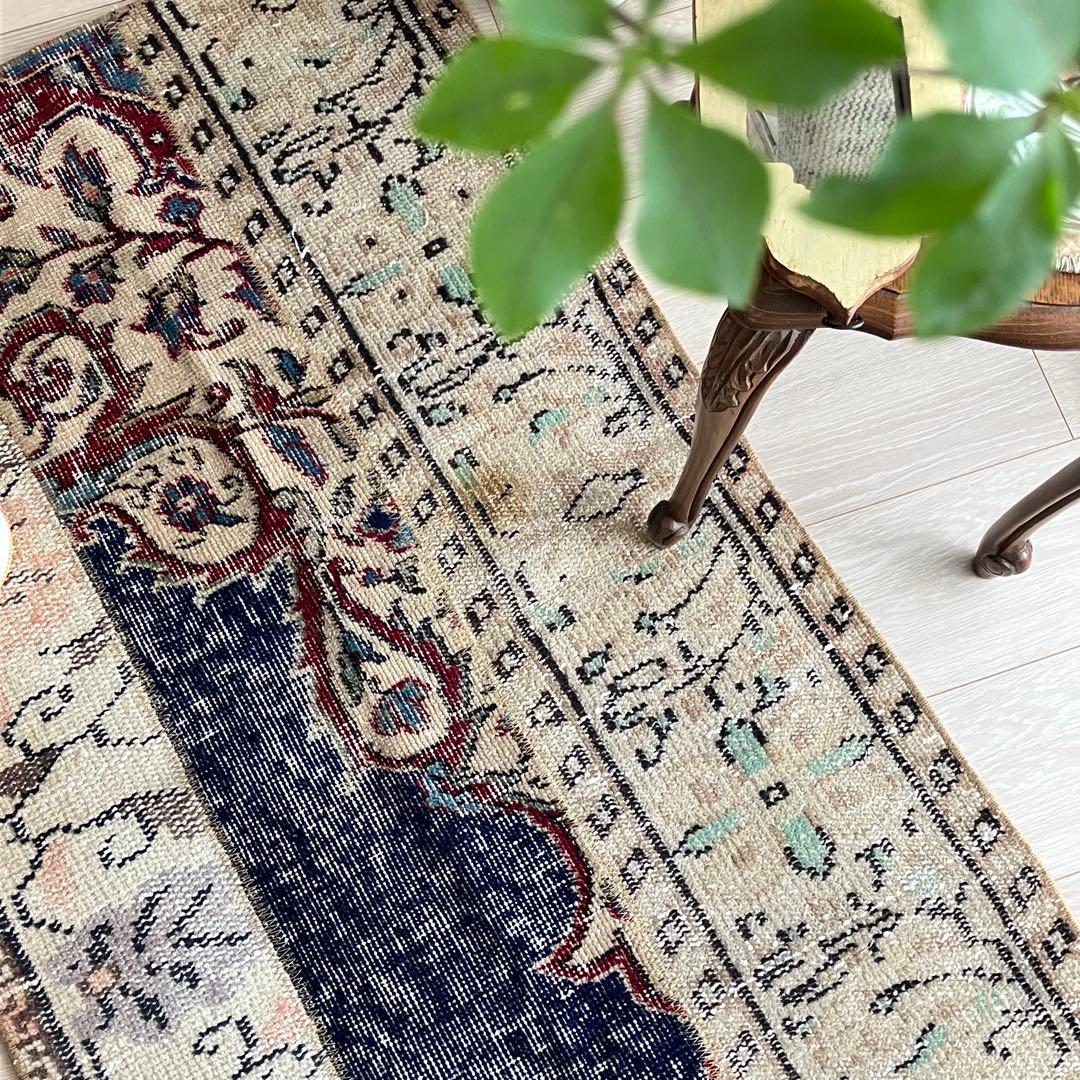 超ロングネイビー65×249レッド　パッチワークランナー　トルコヴィンテージラグ