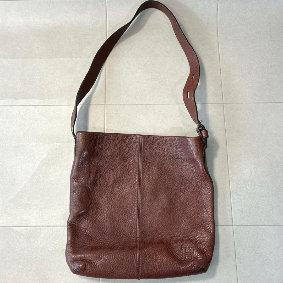 美品 ヒロフ♡レザー ショルダーバッグ 型押しHロゴ シボ革 ブラウン 保存袋付