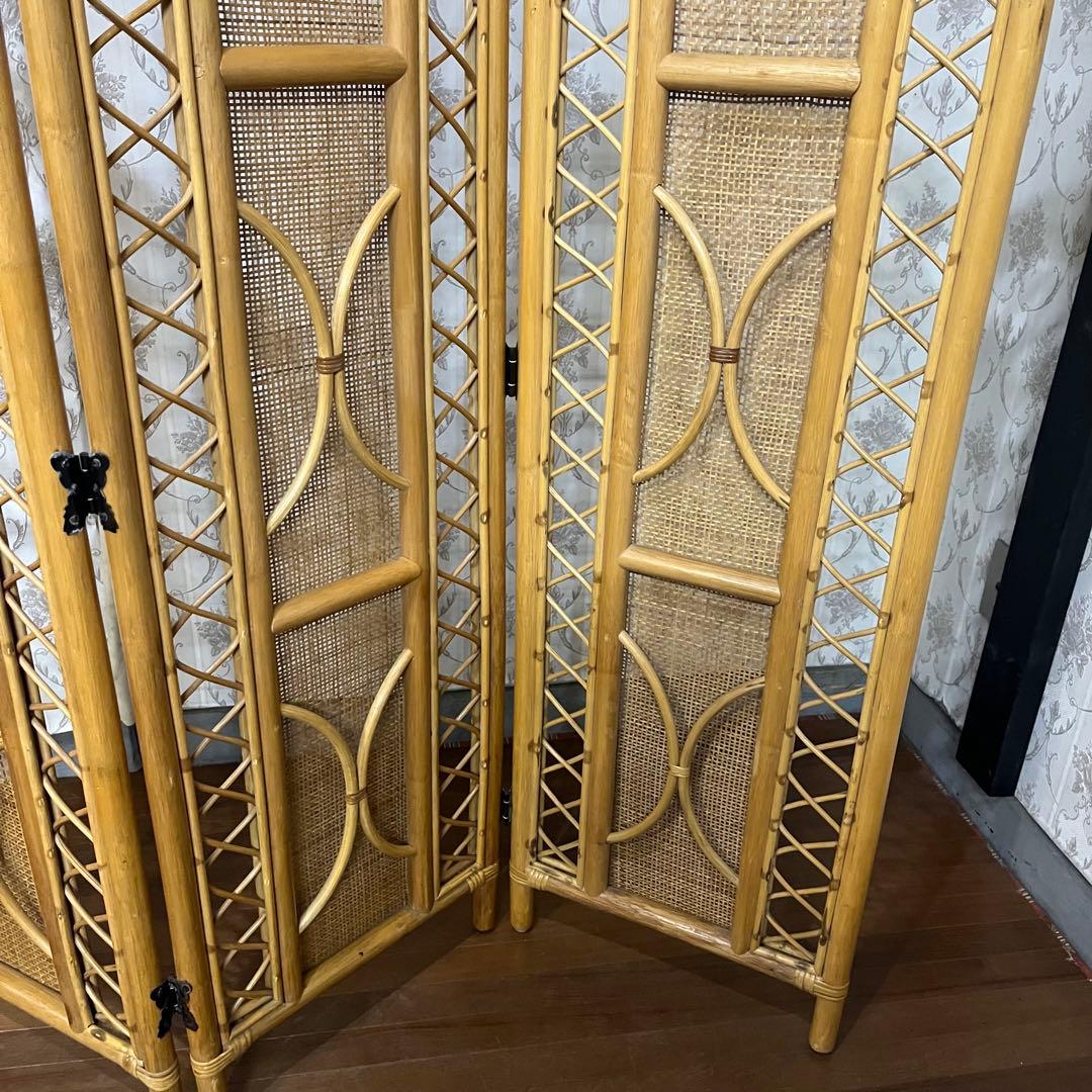 【アンティーク】籐 ラタン 3連パーテーション 間仕切り 衝立 目隠し古道具