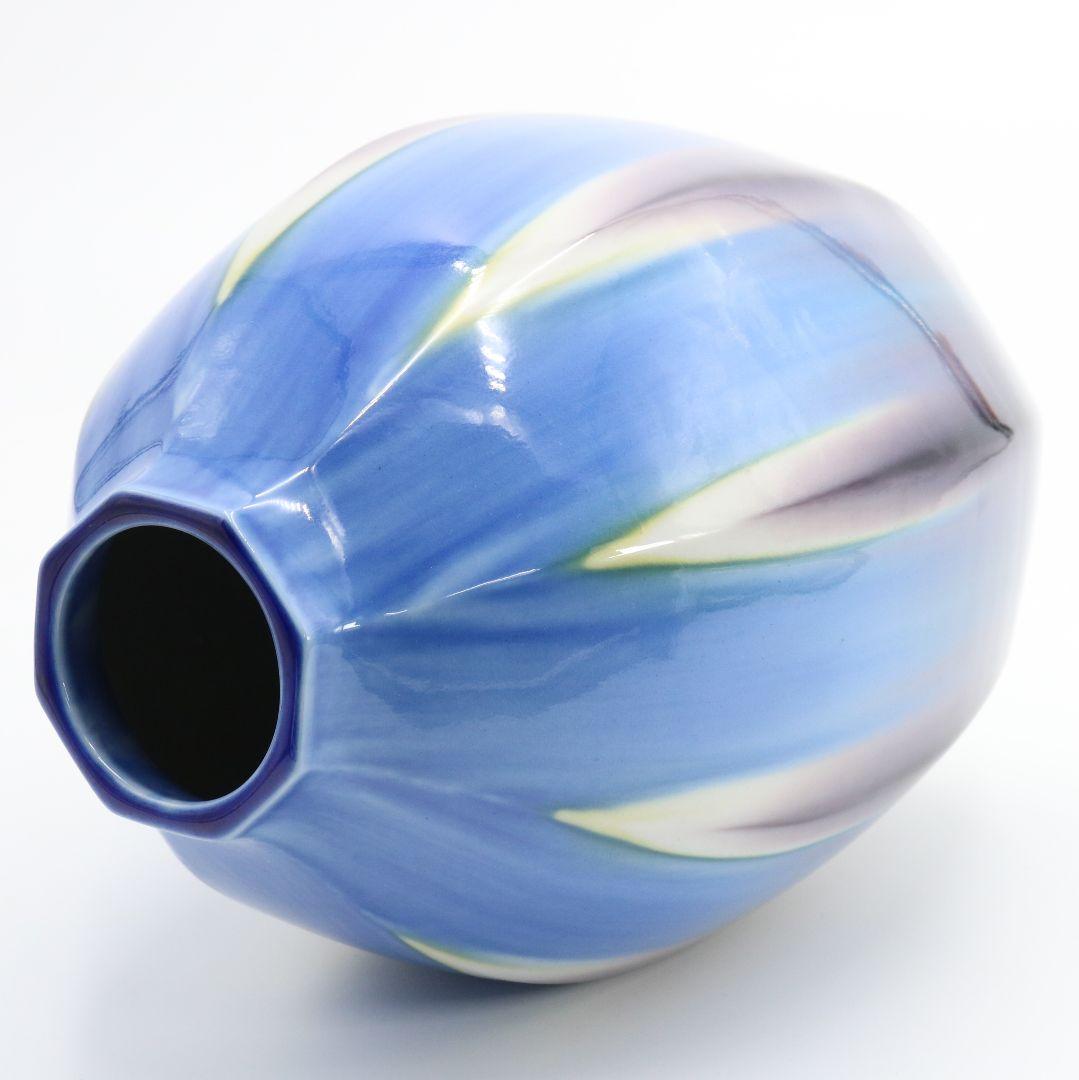 三代 徳田八十吉作 碧明釉 花器/花瓶 彩釉 共箱/共布　AB227