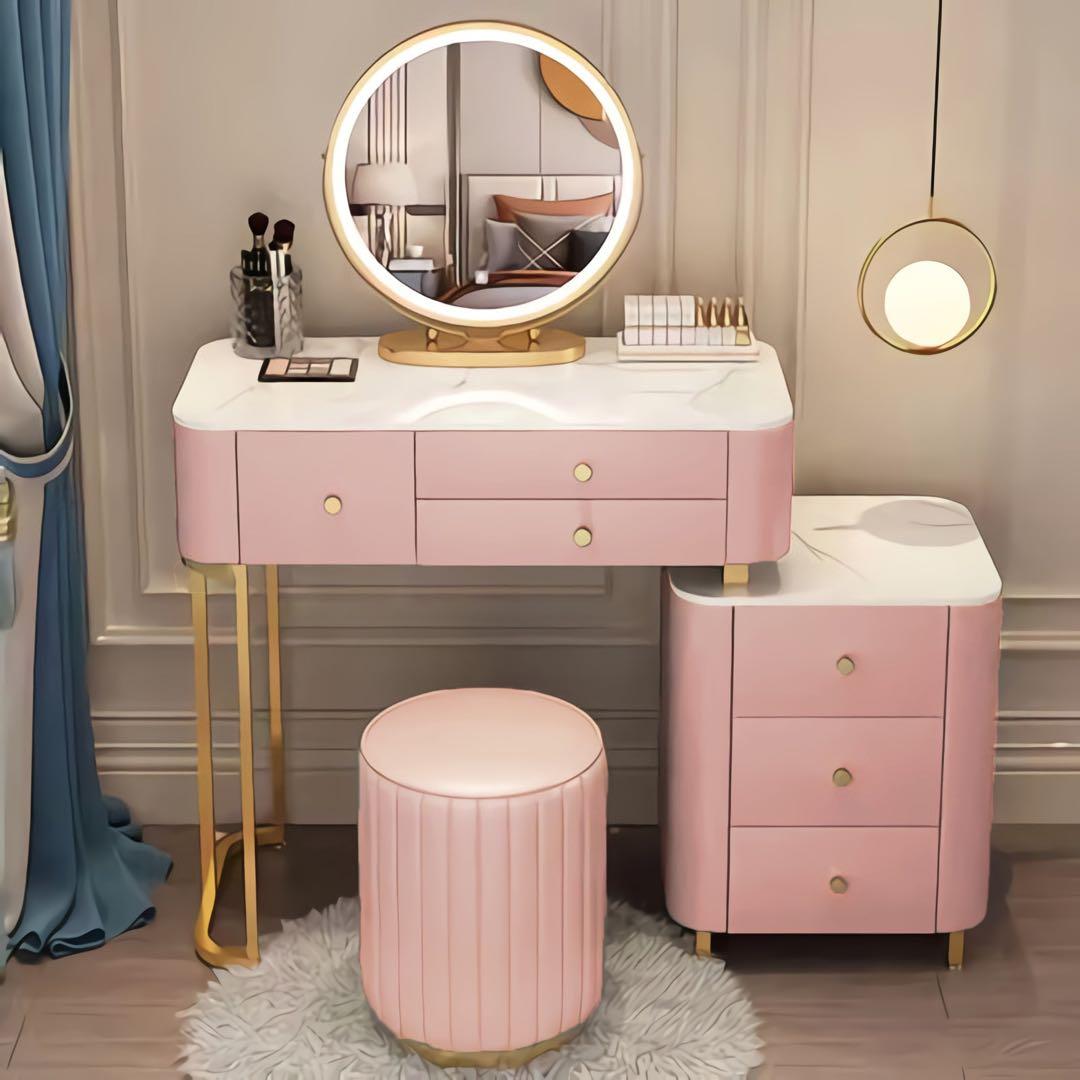北欧風  100cmオシャレドレッサーレザー調 大理石天板 LEDミラー