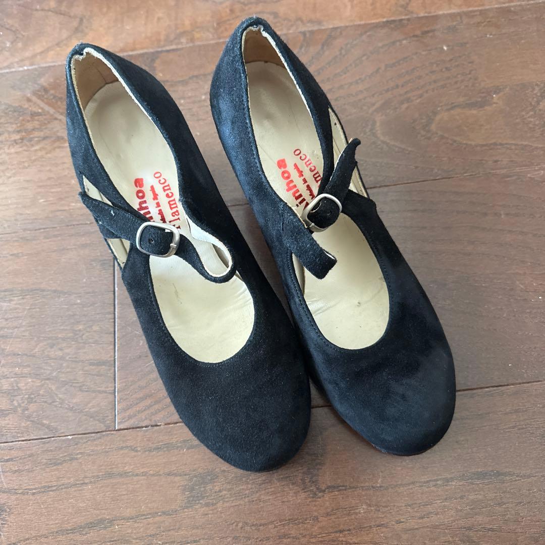 フラメンコシューズ ブラック スエード 中ヒール38.5