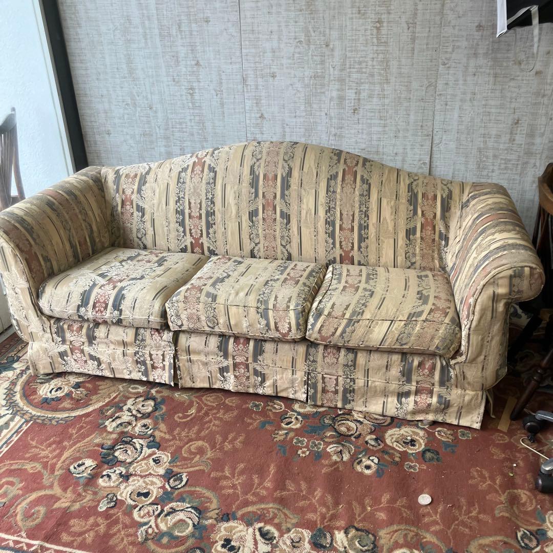 昭和レトロ コスガ家具 古家具 花柄ストライプ 三人掛けソファー アームチェア