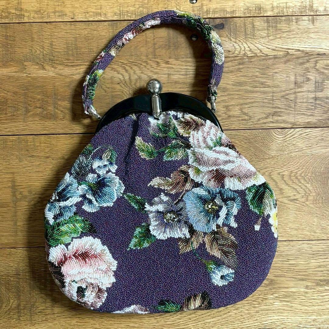ビンテージ　ビーズバッグ　がま口　花柄　総柄　昭和レトロ　着物　和装