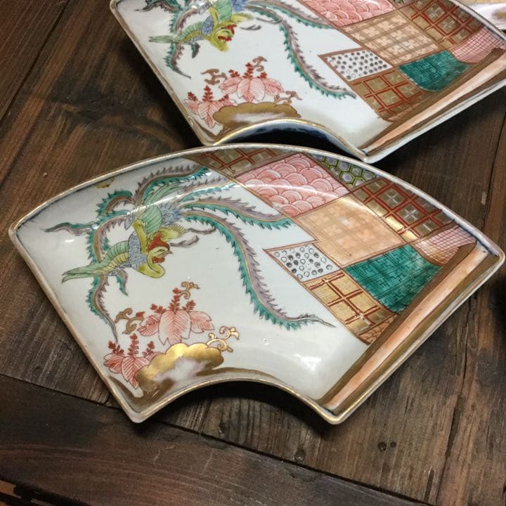 古伊万里　絵皿　金欄色絵　鳳凰桐紋　富貴長春　5客　江戸　大聖寺・九谷焼好きも