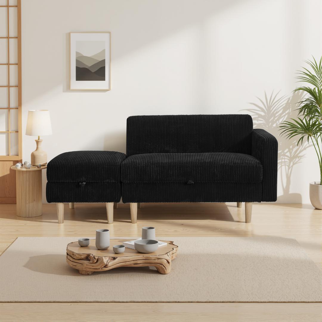 ソファ 2人掛け 収納付き オットマン付き ファブリック 肘掛け 木脚外し可能