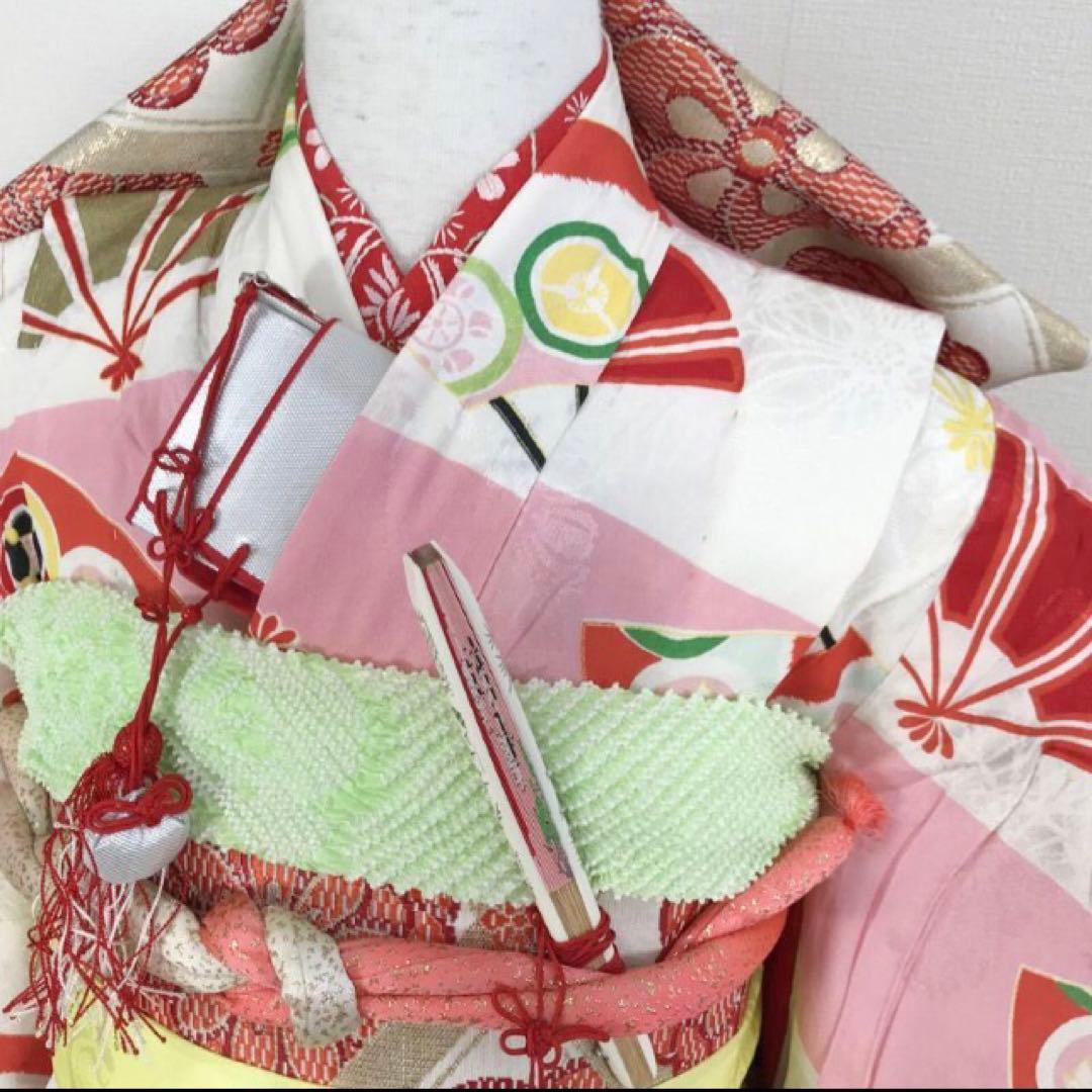 アンティーク着物　扇　古典　ピンク系　きもの帯他小物付き