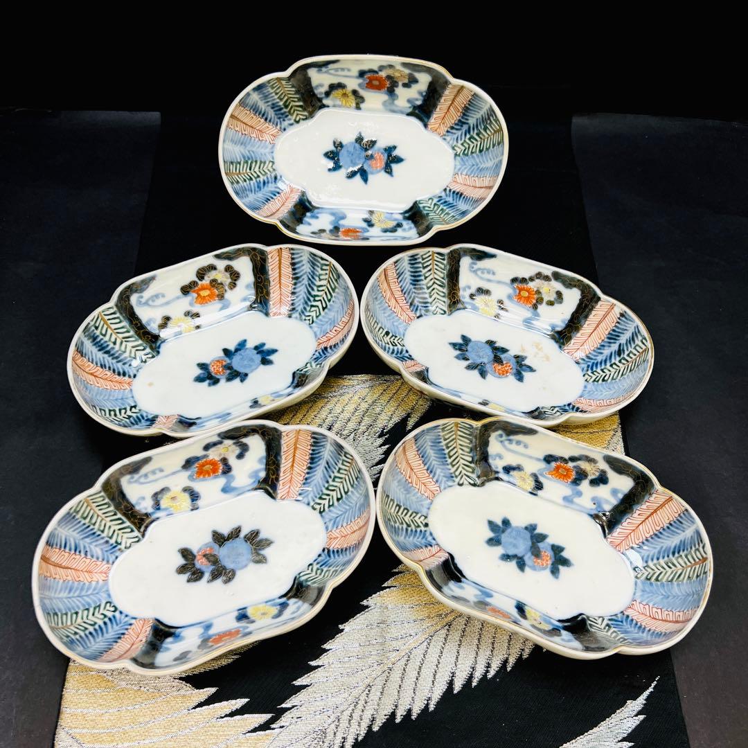 希少酒井田柿右衛門作　渦福角福銘　染錦水面花絵拓榴文　高台木瓜型皿　5枚本物保証