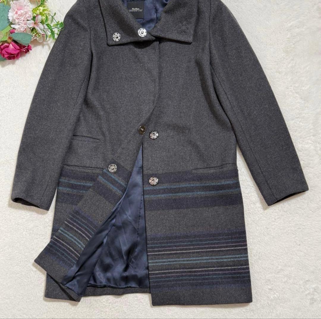 マックスマーラ ロングコート ハイネック ウール ボーダー柄 グレー　38