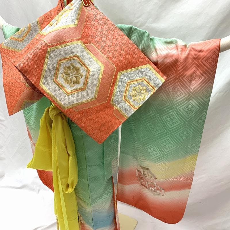 505ag60□七五三 七歳 女児 着物&袋帯 金駒刺繍 亀甲文□状態良好