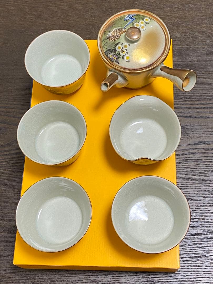 九谷焼 年代物　金彩うずら　煎茶茶器　明治〜大正　レトロ