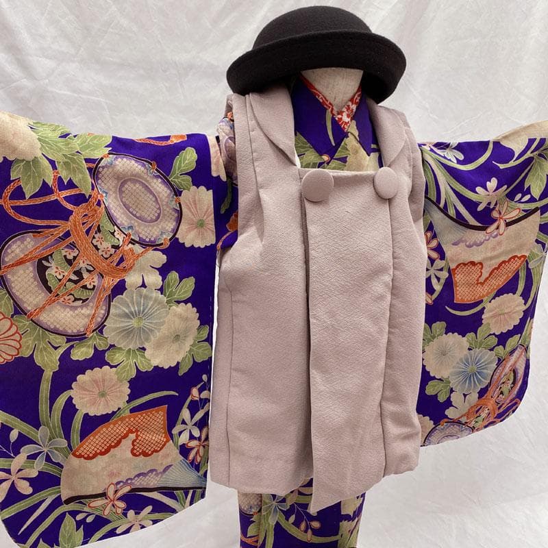 503ag81◎七五三 三歳 女の子 アンティーク着物&被布 濃い紫◎