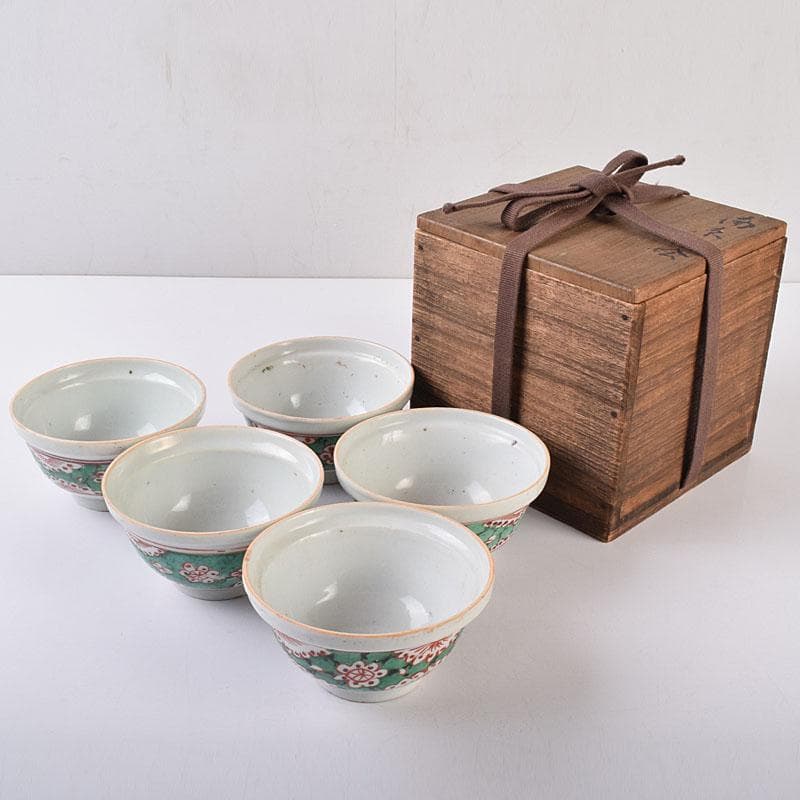 中国　南京赤絵　梅文　煎茶碗　五客　時代箱　V　R9030