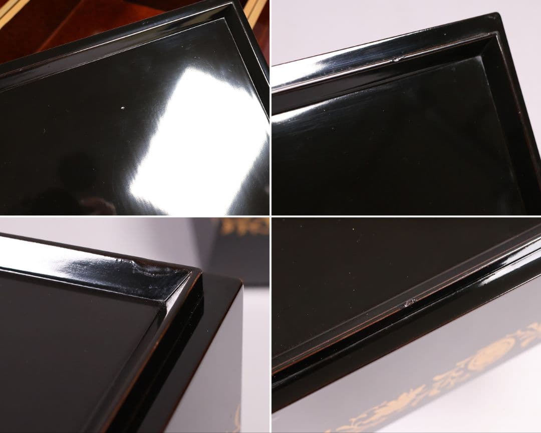 【MB208】輪島塗 家紋金蒔絵 五段重箱 台付 剣片喰花唐草 黒塗梨地 天然木