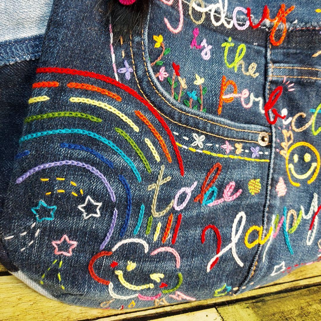 刺繍デニムバック　No.641　デニムリメイク　刺繍バック　チューリップバック