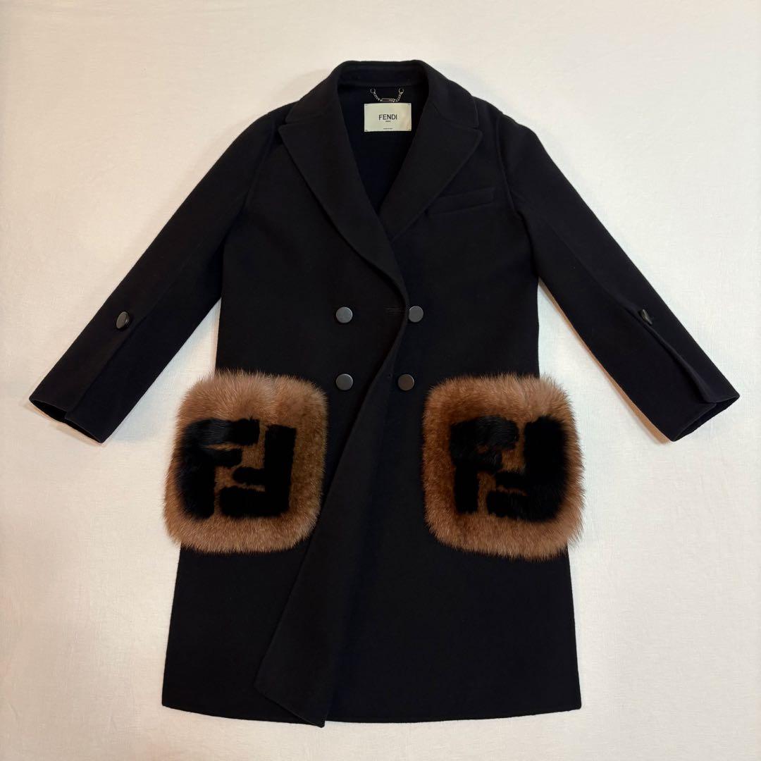 FENDI フォックスファー付 ウールコート FFロゴポケット 正規品