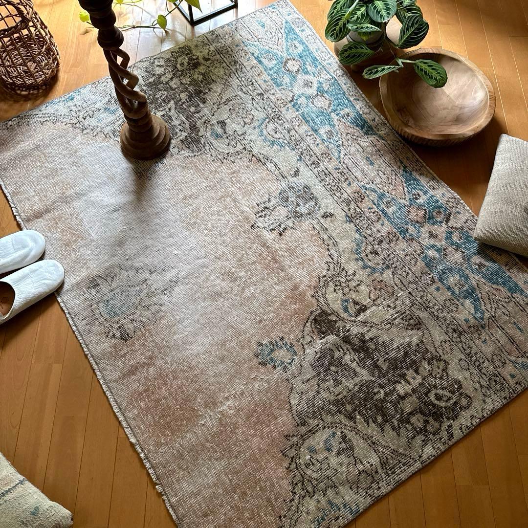 106×141 ターコイズブルー×ブラウン　淡いベージュ　トルコヴィンテージラグ