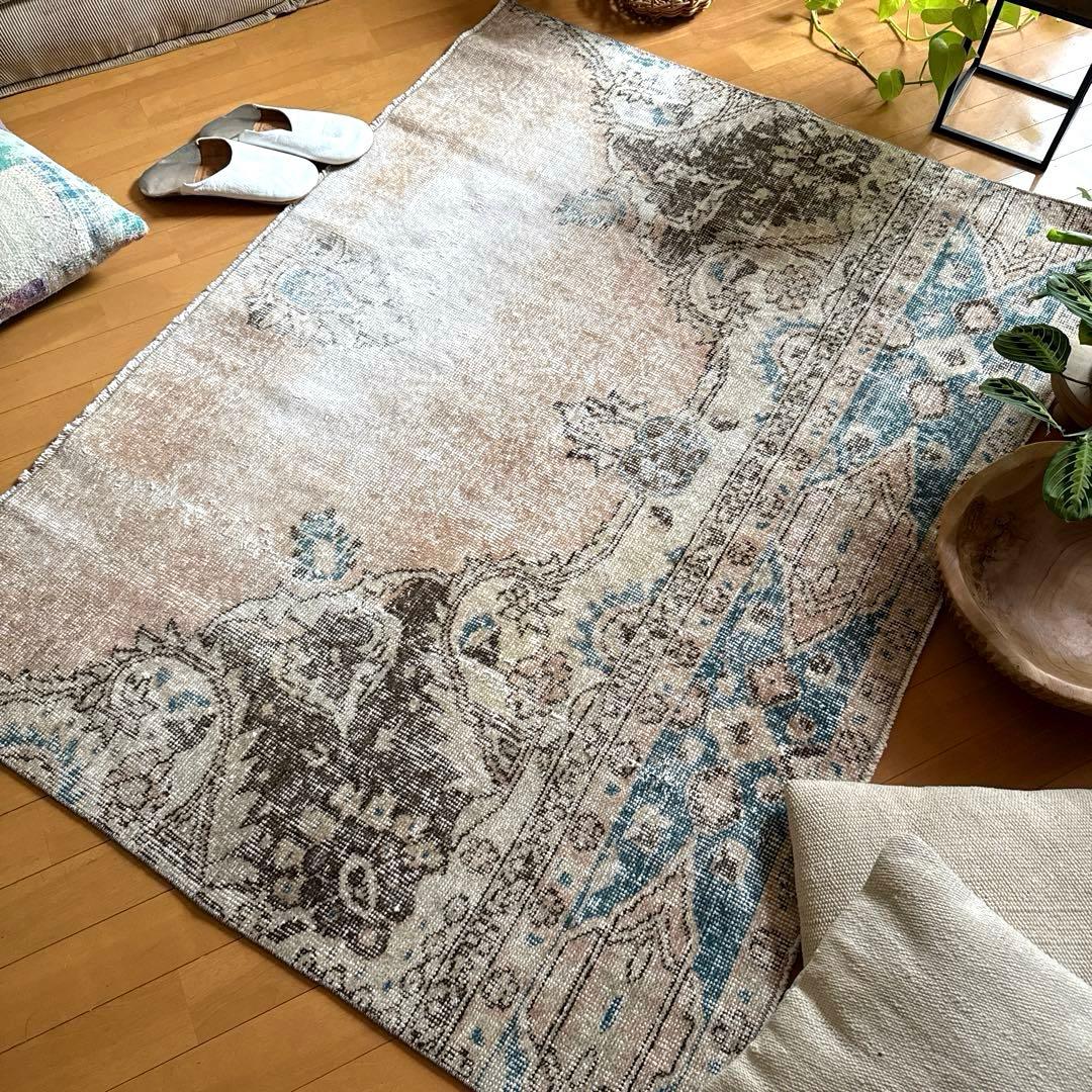106×141 ターコイズブルー×ブラウン　淡いベージュ　トルコヴィンテージラグ