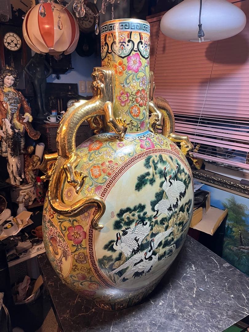 中国美術、嶺東窯製 、金彩花瓶93㌢金彩色絵 大花瓶 、鶴図 、龍、特大花瓶