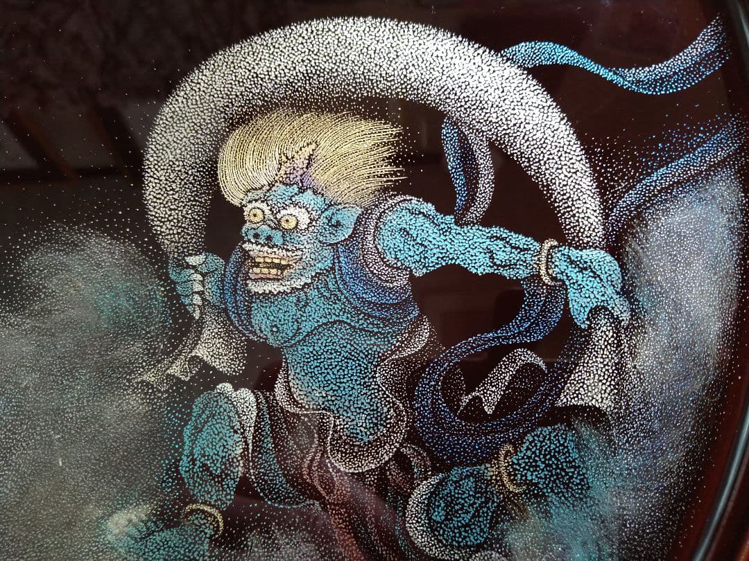 輪島塗沈金「風神雷神」半月盆