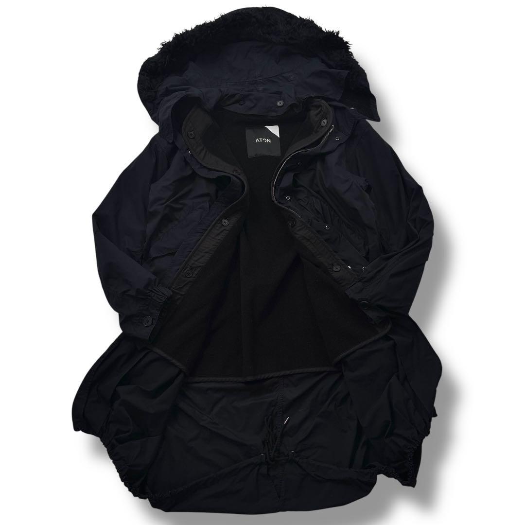 【高級】ATON エイトン　モッズコート　フード　ライナー　ファー　ネイビー