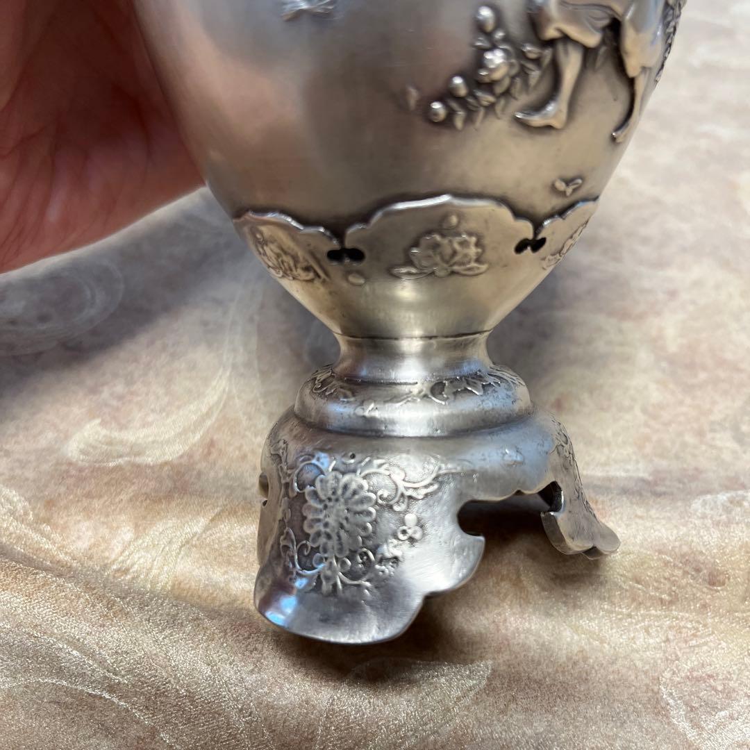 青鳳　内島　市平　花瓶　銀製　四季遊園之図