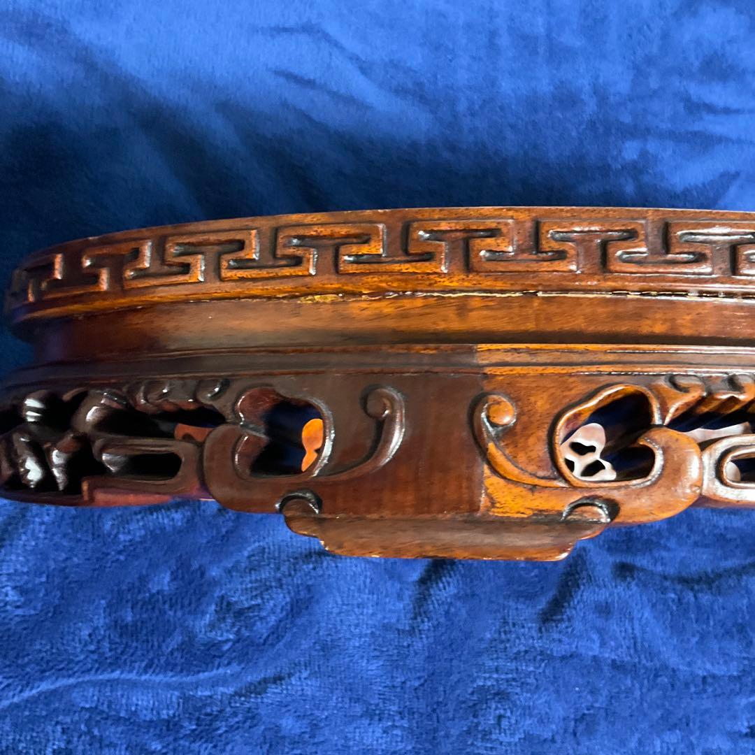 唐木製　彫刻入り楕円形花台