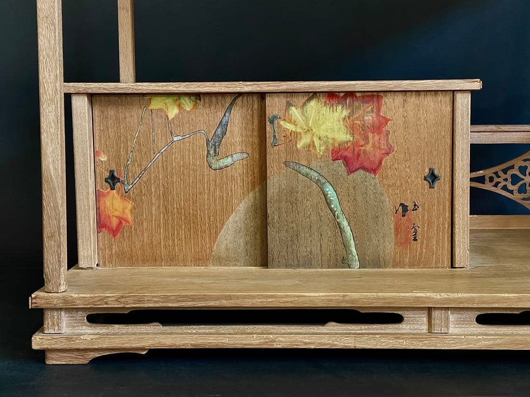 「母」 指物師 善斎 五雲 絵 夕紅葉図 茶棚 煎茶棚 仕舞い箱 茶道具（あ）