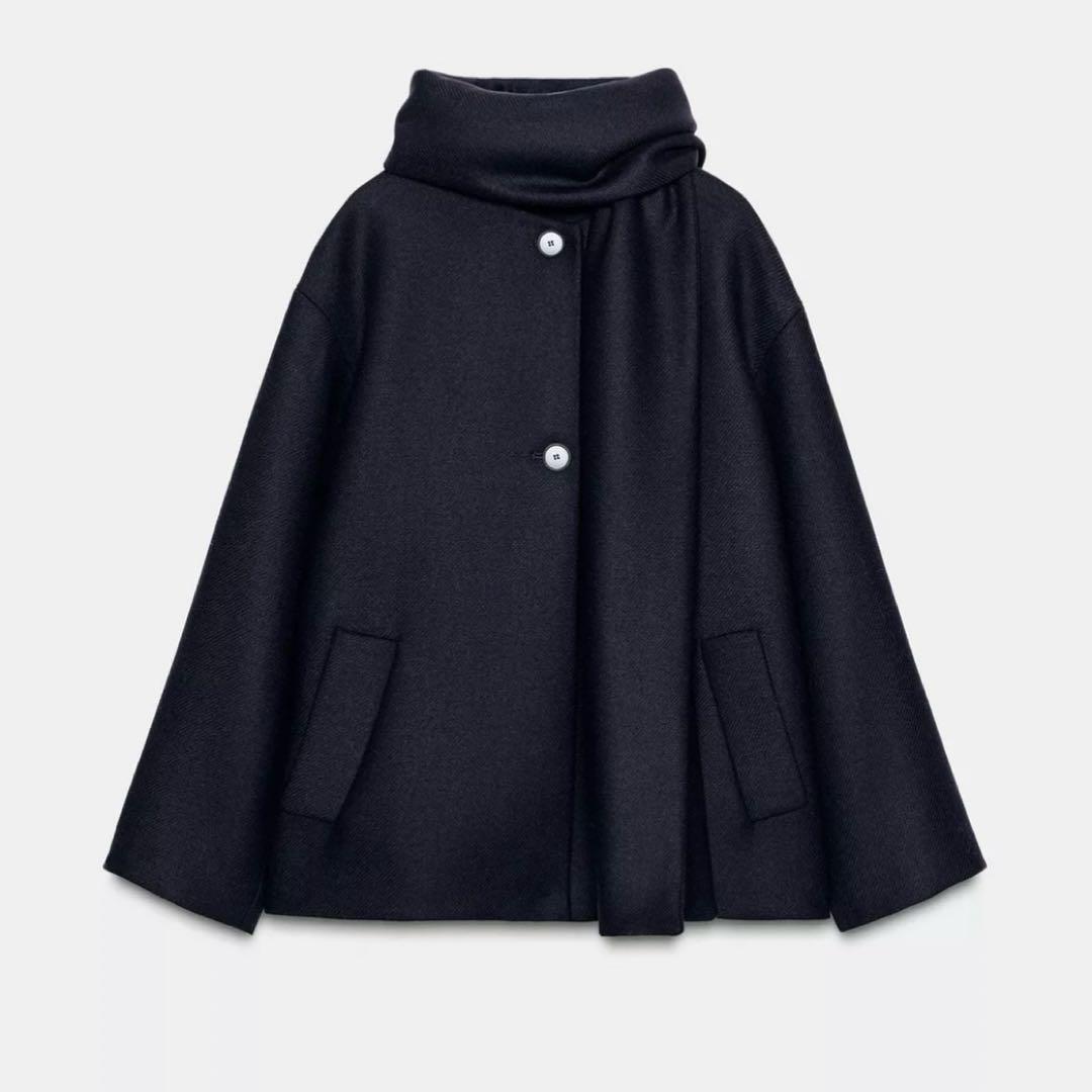 ZARA ウールショートスカーフコート ネイビー S