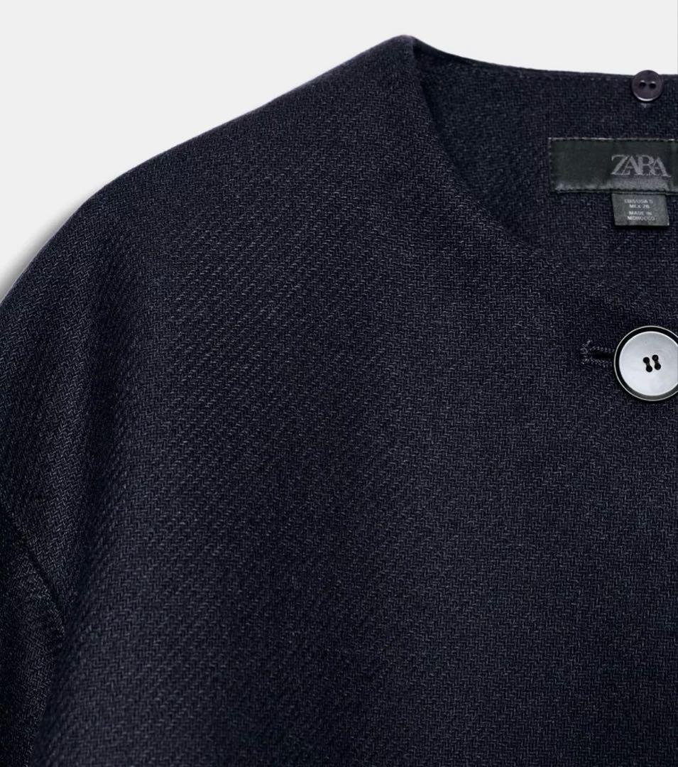 ZARA ウールショートスカーフコート ネイビー S