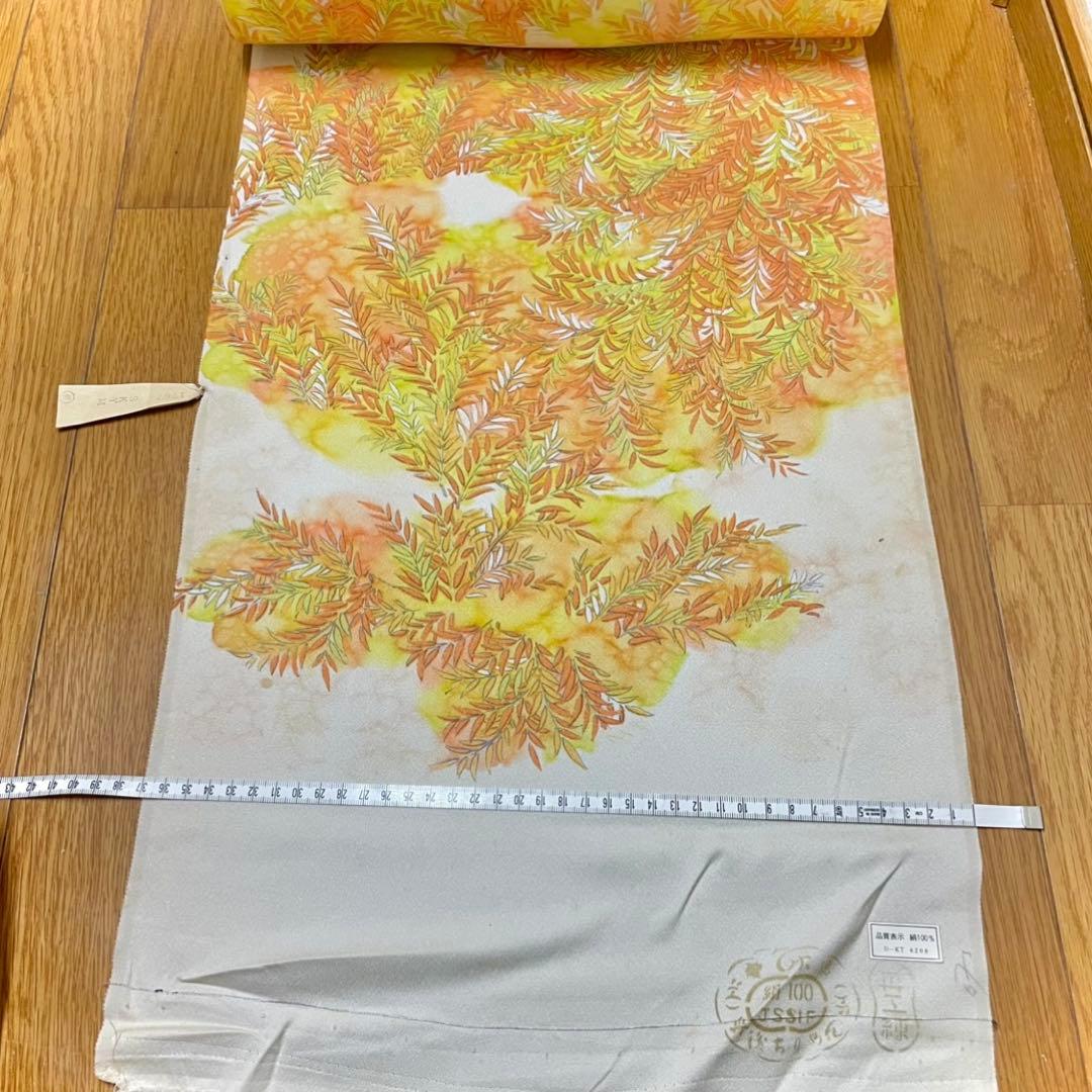 正絹　反物　黄色系　ベージュ　コシノアヤコ　プラチナ縫取り　招福竹　八掛地付