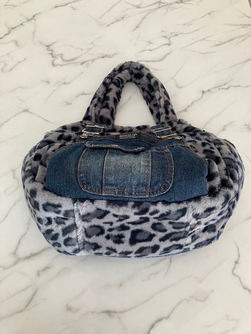 998 なしあめ　大きめヒョウ柄ふんわりデニムリメイクバック　2点