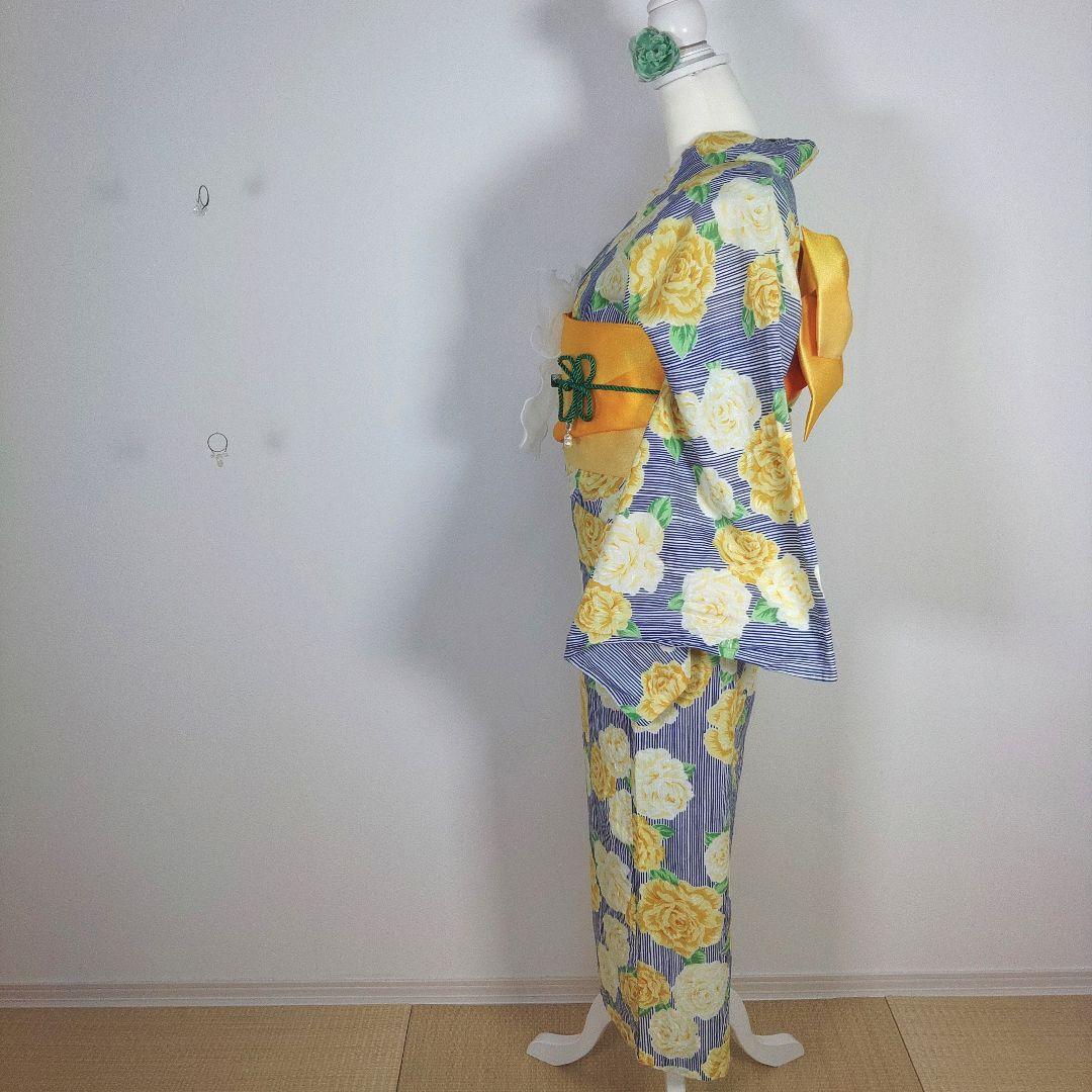 レディース　浴衣セット　身丈154cm　紺　黄　花　ストライプ　作り帯　リボン