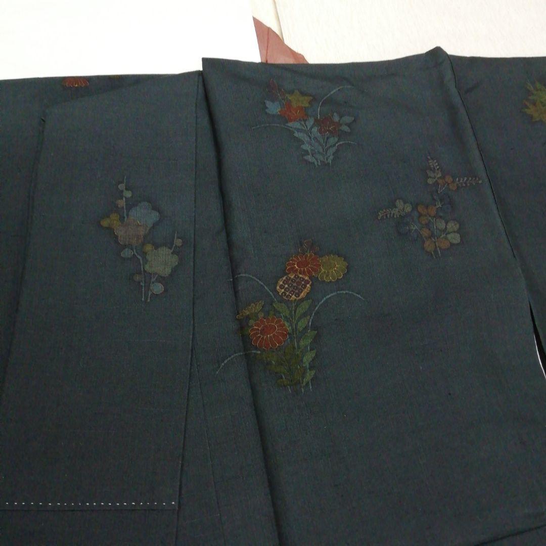 ❮未使用❯結城紬付け下げ▪限りなく紺色に近いグリーン地に小花模様肩身丈162.5