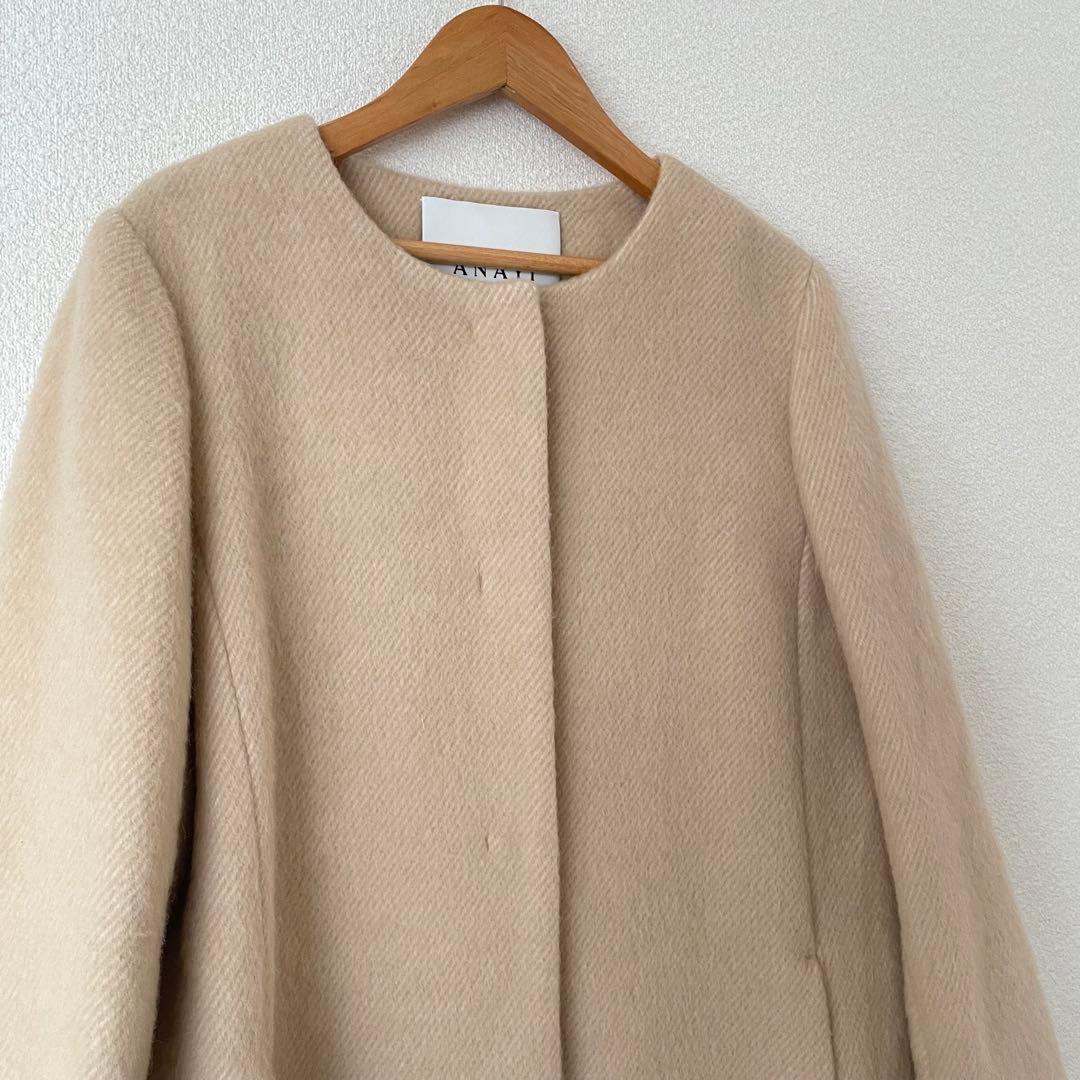 アナイ 38 ウール シャギー　カシミヤ ノーカラー コート