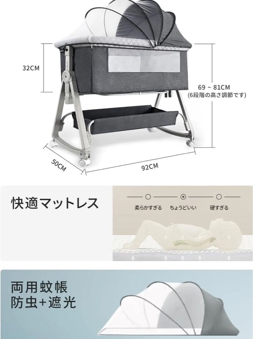 KiNO LiNPO 移動式ベビーベッド　ネイビーブルー