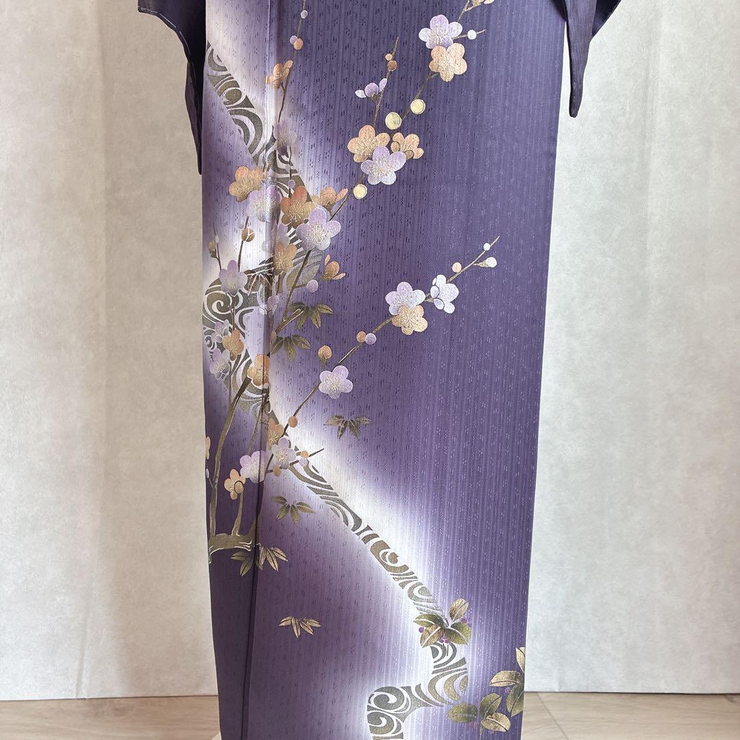 訪問着　フルセット　着物　正絹　ロング丈　しつけ糸付き　紫　梅の枝　結婚式　G9