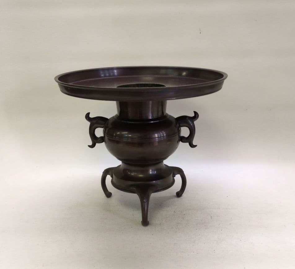 銅製花器　薄端　又木付き　池坊好み　池坊花器