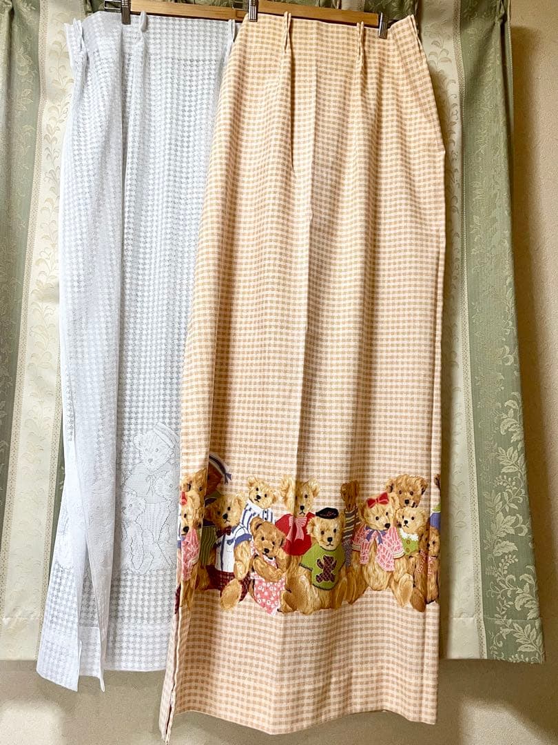 テディベア 薄いオレンジ ギンガムチェック柄 カーテン レースカーテン 2枚組み