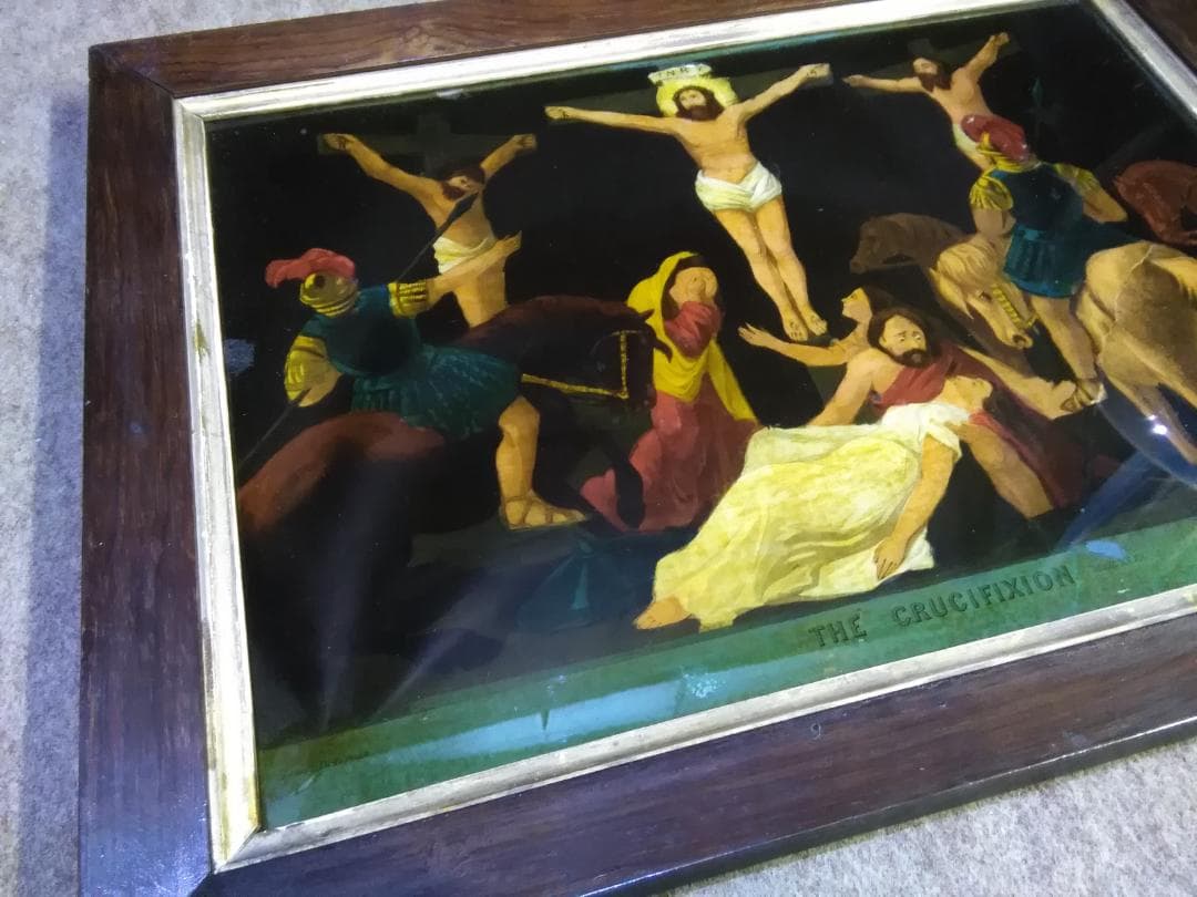 キリスト　ジェームズ・ベイトマン 作品　直筆肉筆　十字架刑　古いガラス絵　額装品